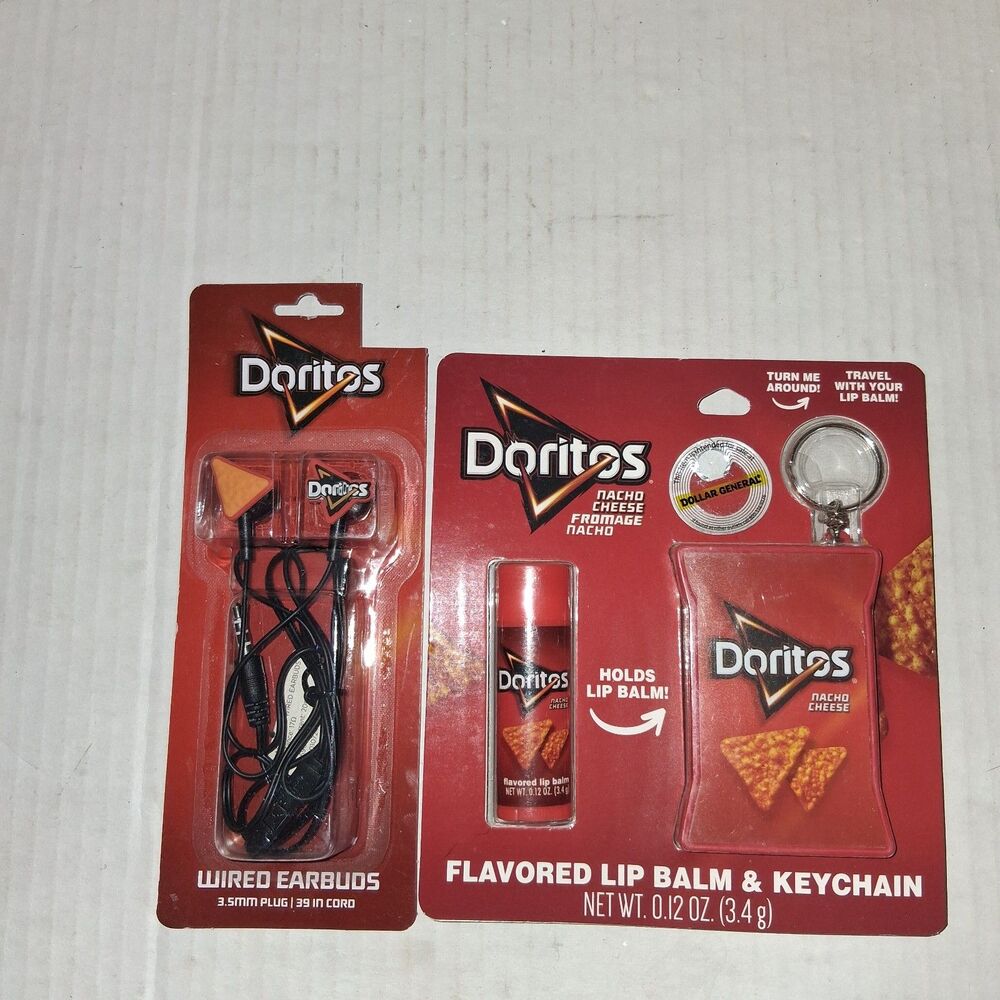 New Sealed Doritos Nacho Cheese Flavored Lip Balm And Keychain And Wired Ear Bud